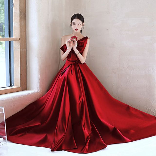 A-Line Evening Sleeveless Bow Gown One-Shoulder Plain