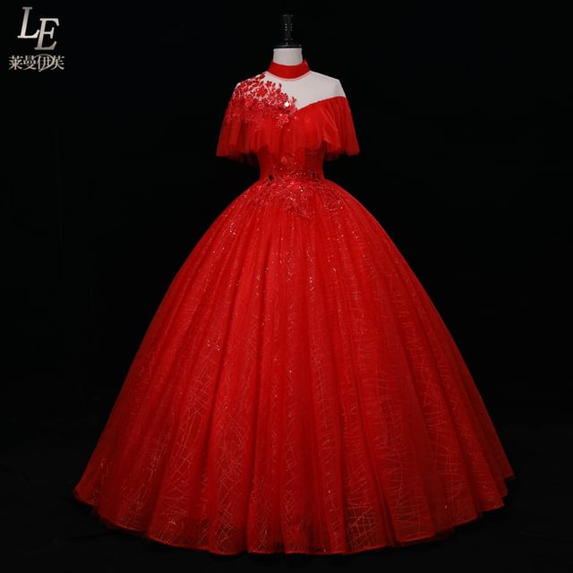 Cap-Sleeve Ball Sequin Neck Mock Gown