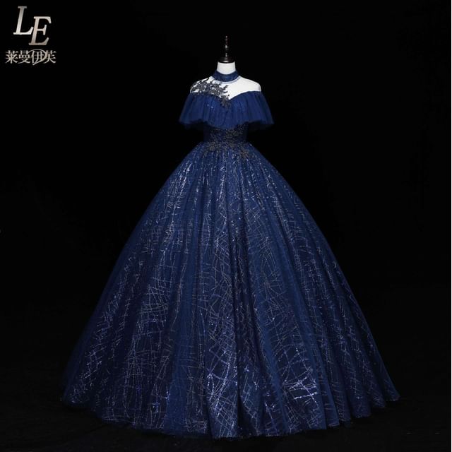 Cap-Sleeve Ball Sequin Neck Mock Gown