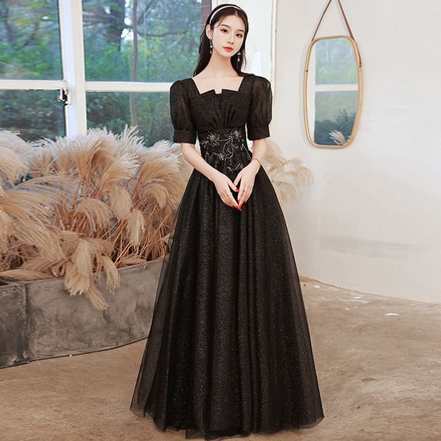 Short-Sleeve Gown A-Line Designs) Tulle Evening (Various Sequin