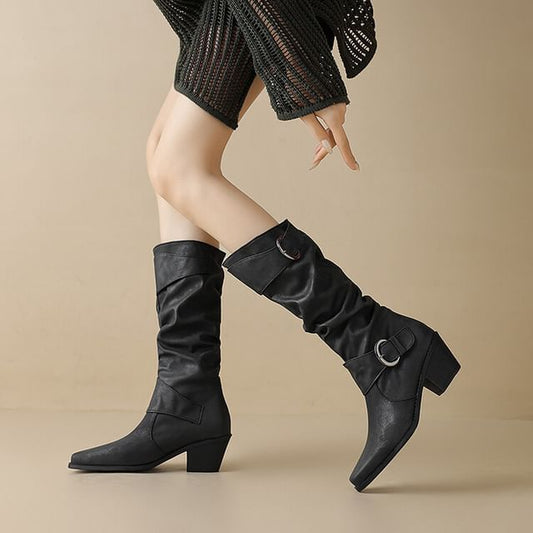 Block Buckled Heel Boots High Toe Square Knee