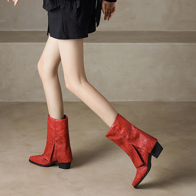 Calf Toe Boots Panel Block Square Heel Mid