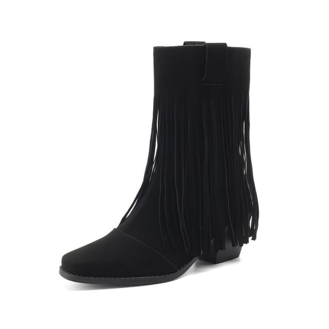 Calf Faux Square Block Heel Toe Mid Fringe Suede Boots