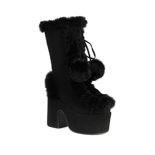 Platform Mid Calf Block Pom Fluffy Heel Panel Boots