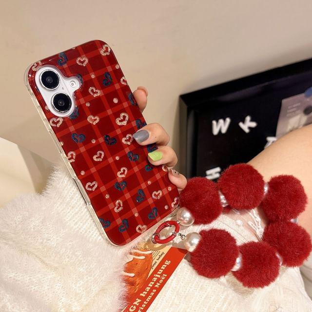 Phone Strap Plaid Set Heart / Pom Case