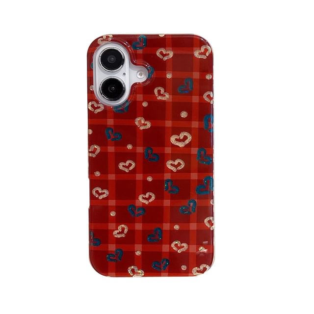Phone Strap Plaid Set Heart / Pom Case