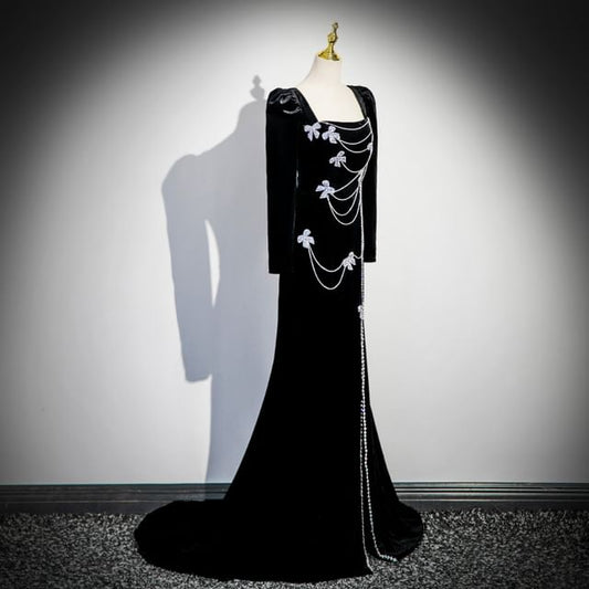 Trumpet Gown Long-Sleeve Rhinestone Evening Neck Bow Velvet Square