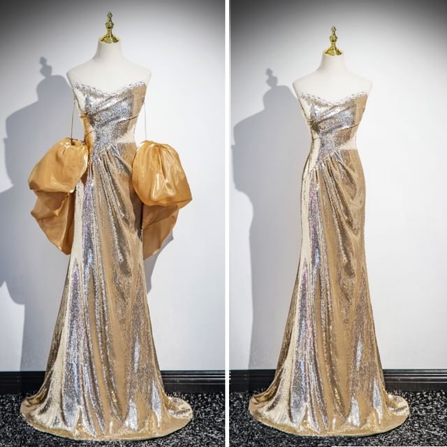 Gown Puff-Sleeve Evening Sequin Off-Shoulder Sheath