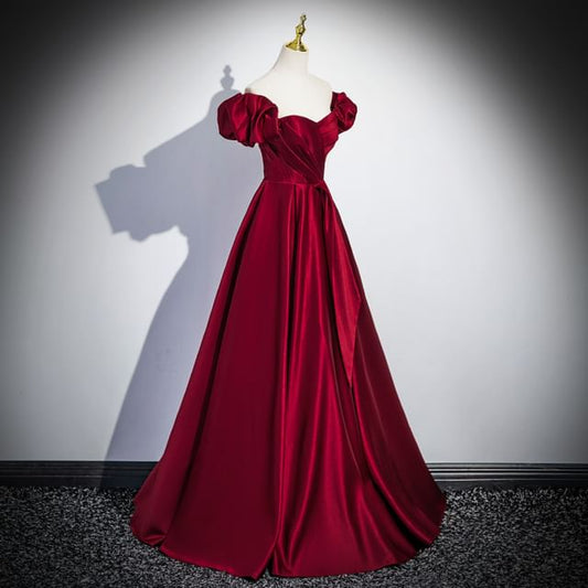 Puff-Sleeve A-Line Evening Plain Gown