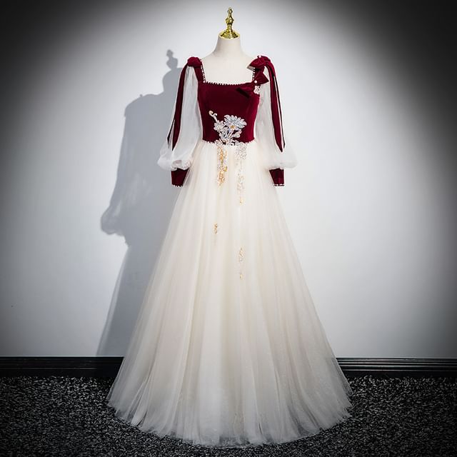 Gown Velvet Long-Sleeve Evening Tulle A-Line Floral Sequin Panel