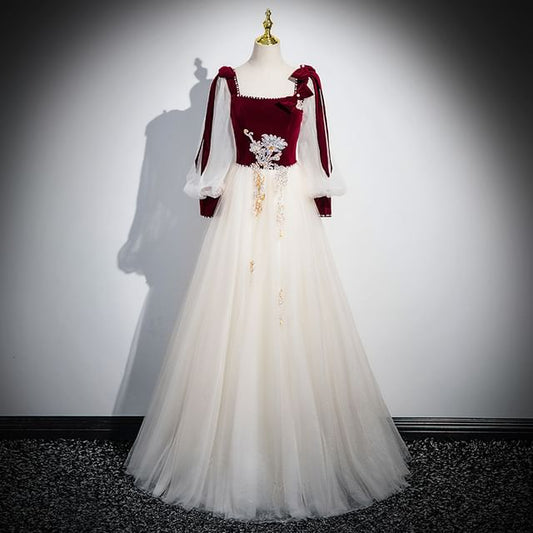 Gown Velvet Long-Sleeve Evening Tulle A-Line Floral Sequin Panel