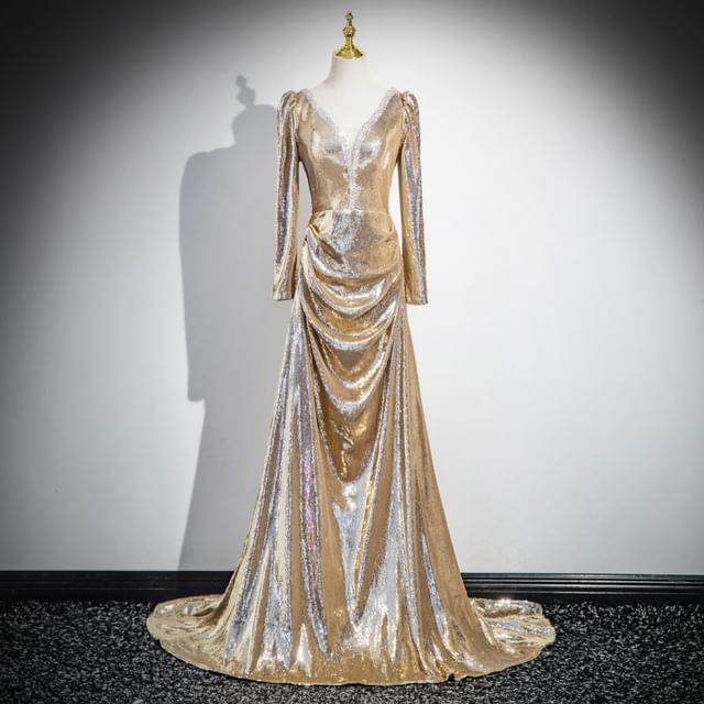 V-Neck A-Line Evening Gown Sequin Long-Sleeve