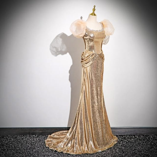 Evening Puff-Sleeve Sheath Sequin Gown