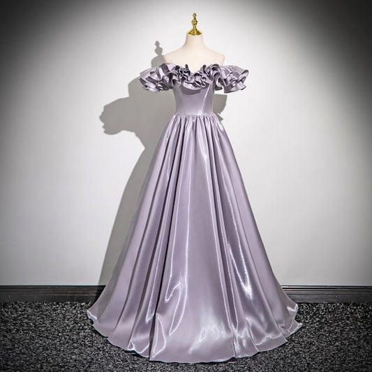 Trim Off-Shoulder Gown A-Line Ruffle Evening Plain