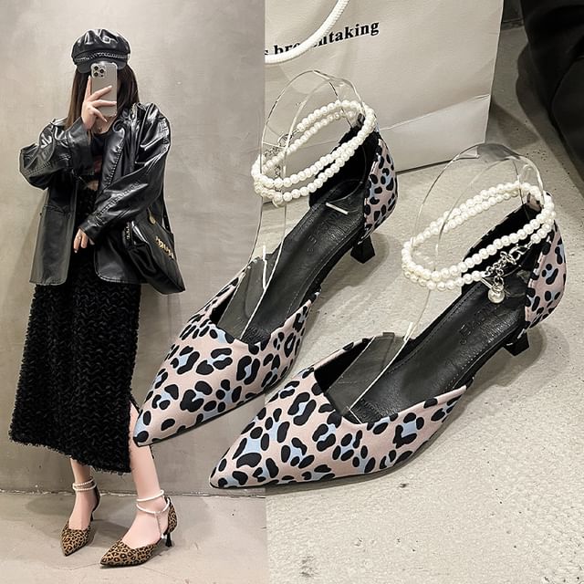 Kitten Sandals Strap Heel Print Leopard Ankle Pointed