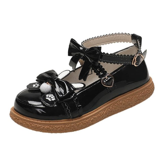Jane Platform Mary Shoes Embroidered Strap Paw Ankle Bow