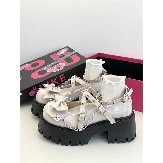 Bow Mary Jane Heel Platform Strap Studded Cross Chunky Pumps