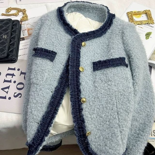Jacket Neck Button Round Denim Panel Boucle