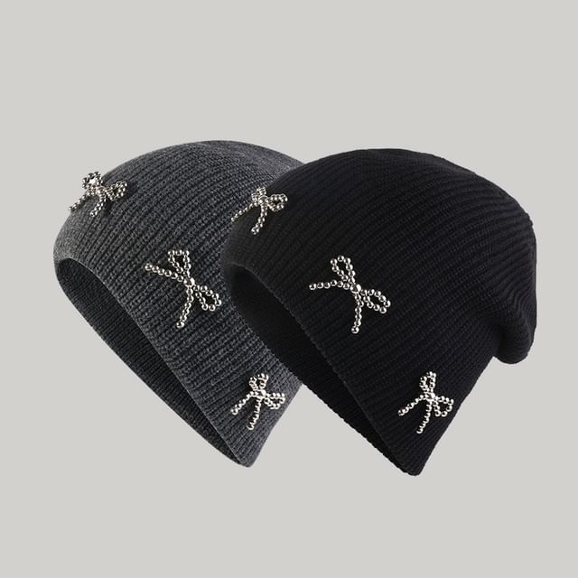 Bow Studded Beanie Metallic Knit