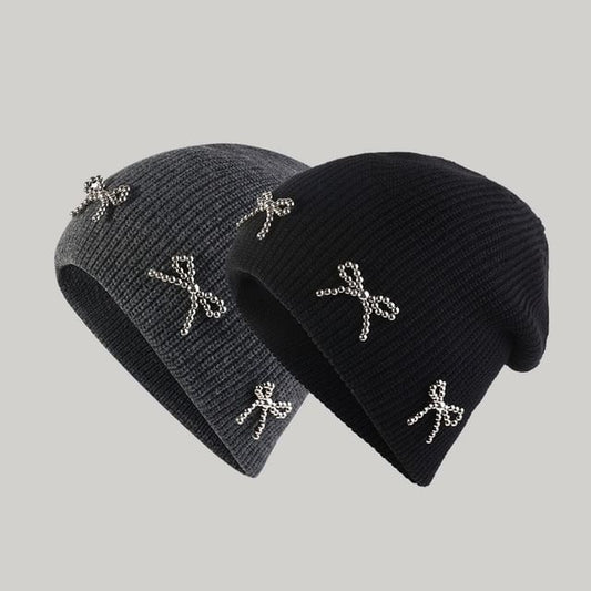 Bow Studded Beanie Metallic Knit
