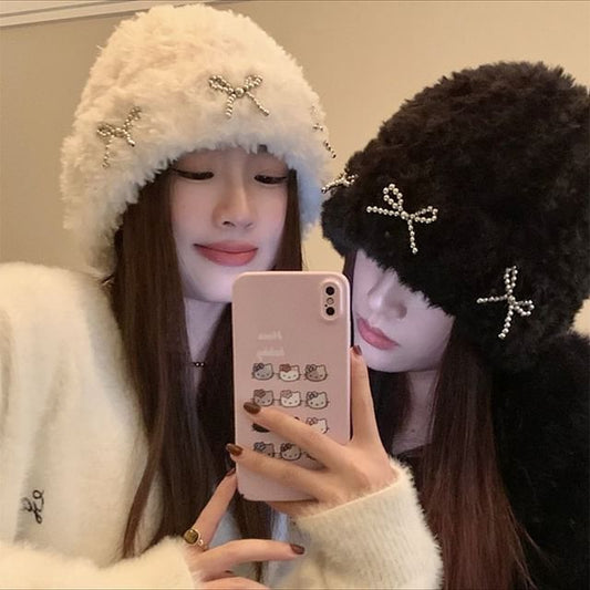 Chenille Beanie Metallic Bow Studded