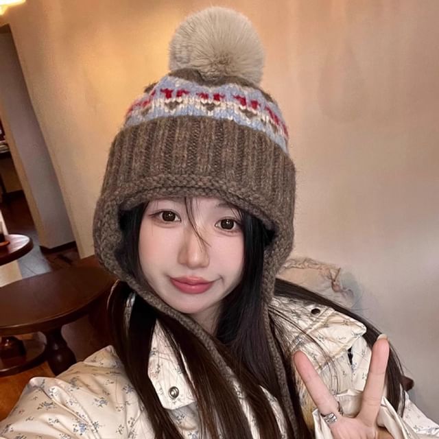 Knit Trapper Hat Pom