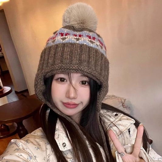Knit Trapper Hat Pom