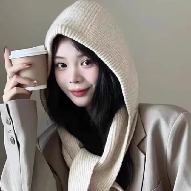 Plain Hooded Knit Scarf