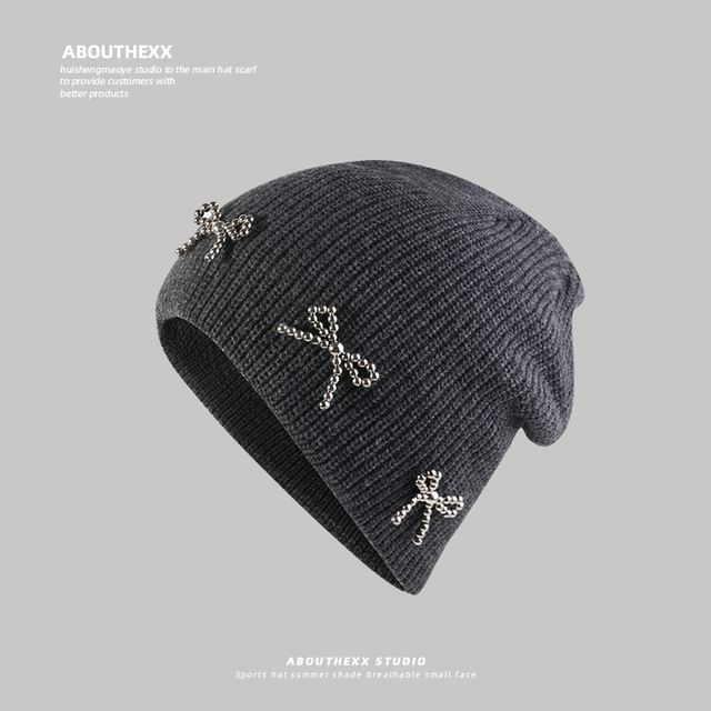Bow Studded Beanie Metallic Knit