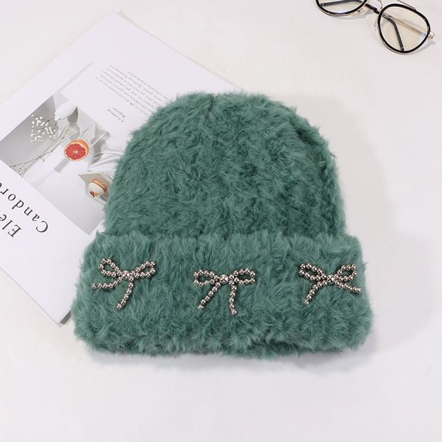 Chenille Beanie Metallic Bow Studded