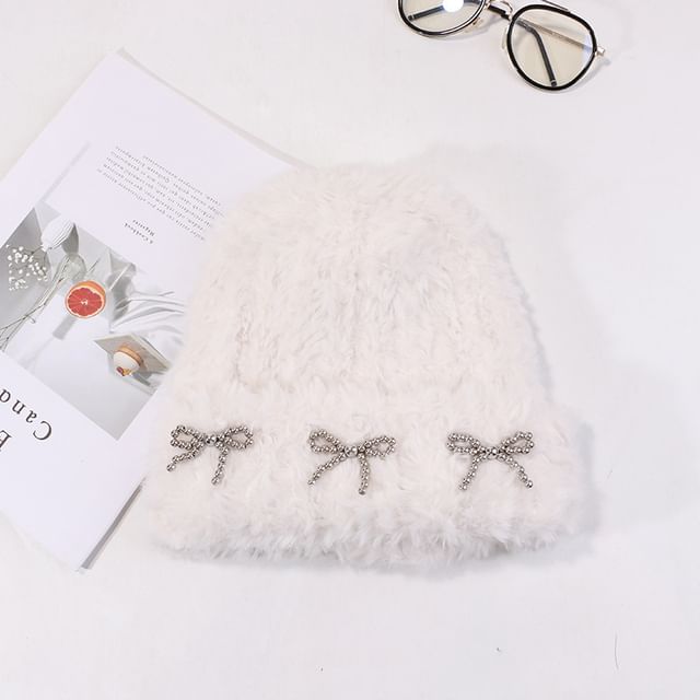 Chenille Beanie Metallic Bow Studded