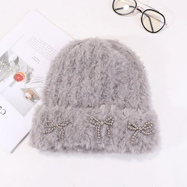 Chenille Beanie Metallic Bow Studded