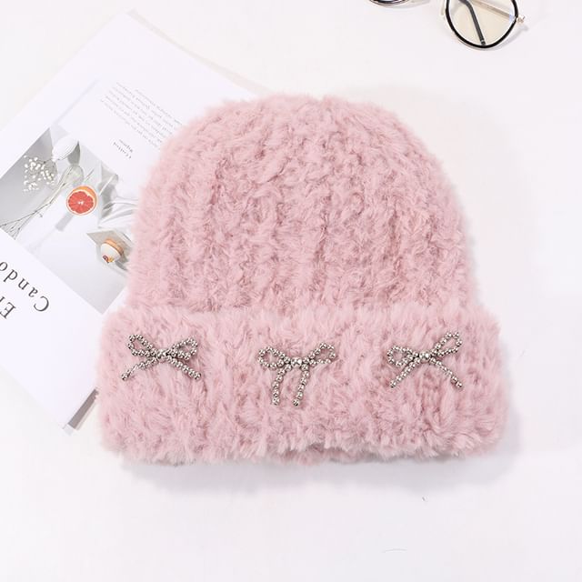 Chenille Beanie Metallic Bow Studded