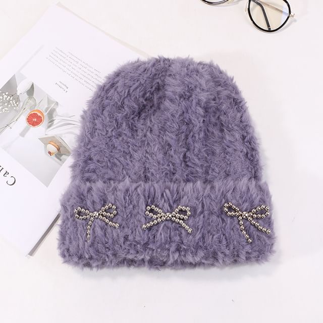 Chenille Beanie Metallic Bow Studded
