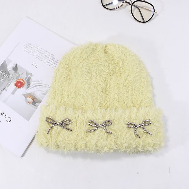 Chenille Beanie Metallic Bow Studded