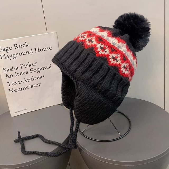 Knit Trapper Hat Pom