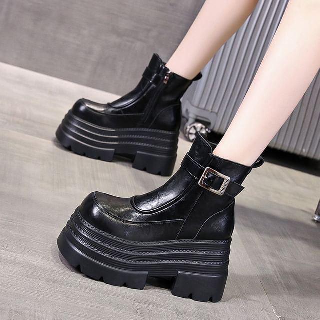 Zip-Up Buckled Plain Boots Leather Short Genuine Platform