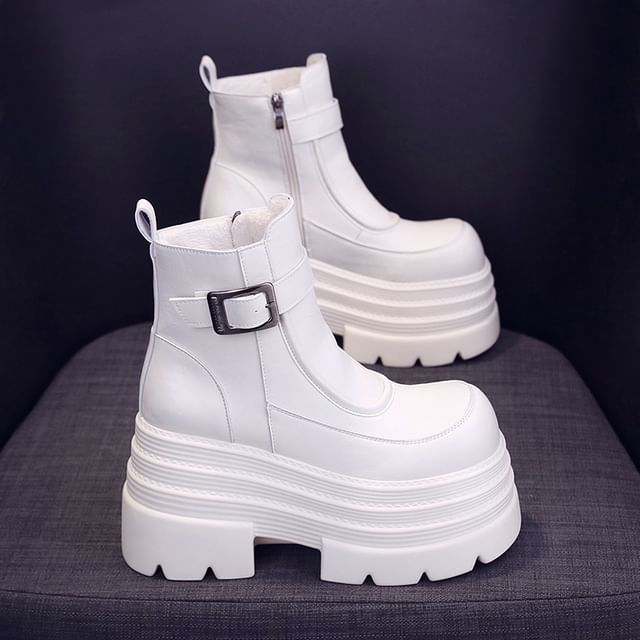 Zip-Up Buckled Plain Boots Leather Short Genuine Platform