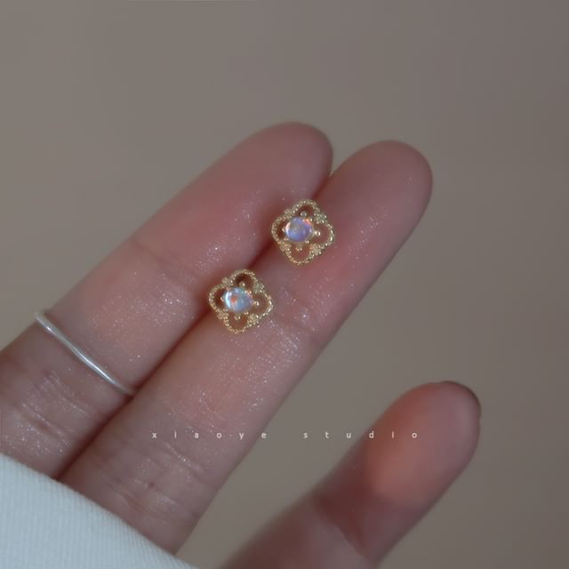 Earring S925 Rhinestone Stud Sterling Silver Clover