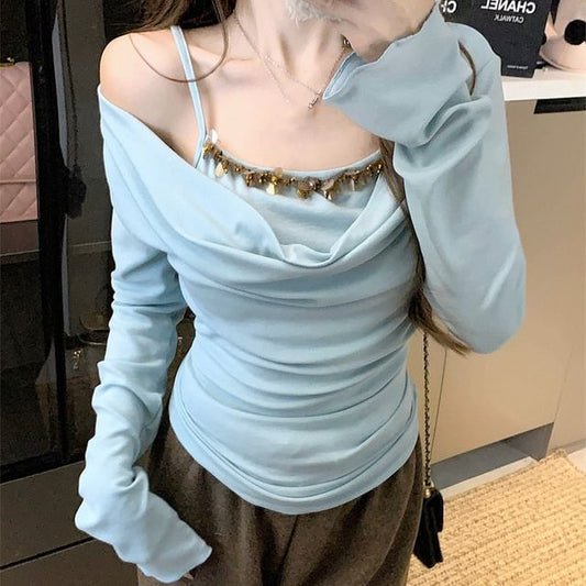 Off Shoulder Long Sleeve Mock Two Piece Top