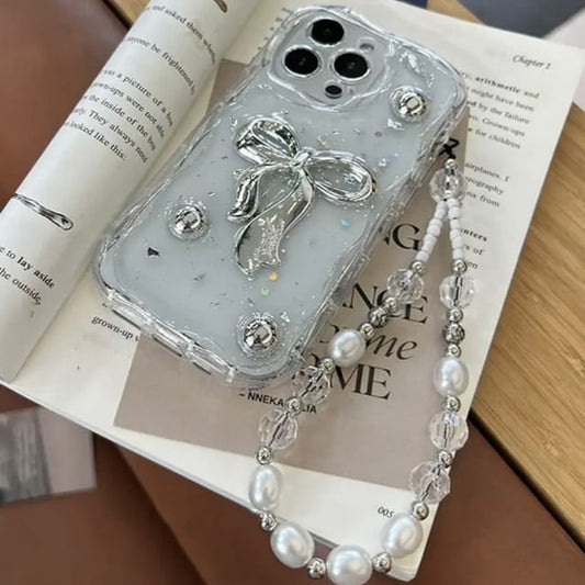 Set / Phone Strap Faux Bow Pearl Case