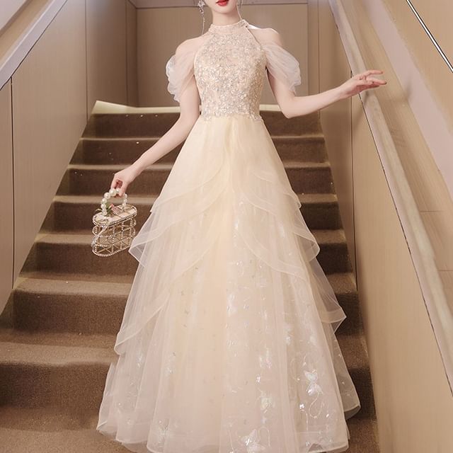 A-Line Gown Cold Shoulder Evening Panel Sequin Mesh Sleeveless