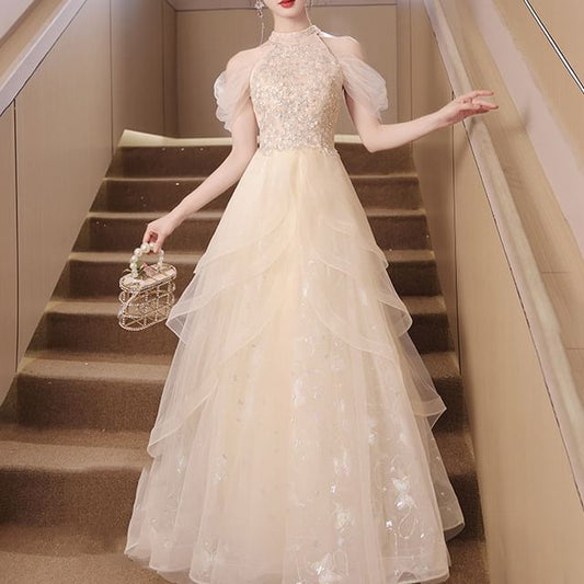 A-Line Gown Cold Shoulder Evening Panel Sequin Mesh Sleeveless