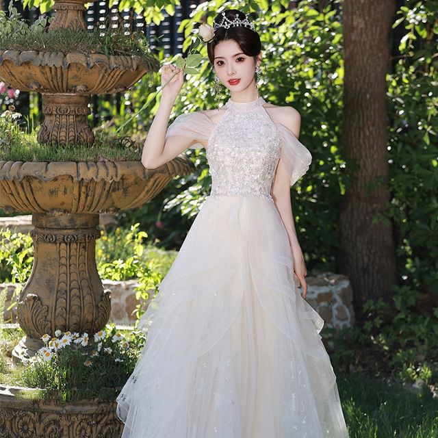 A-Line Gown Cold Shoulder Evening Panel Sequin Mesh Sleeveless