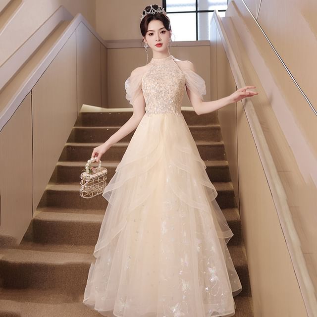 A-Line Gown Cold Shoulder Evening Panel Sequin Mesh Sleeveless