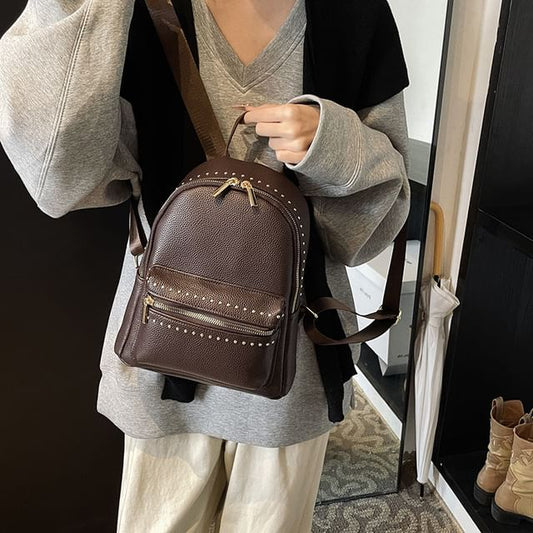 Plain Backpack Faux Leather Studded
