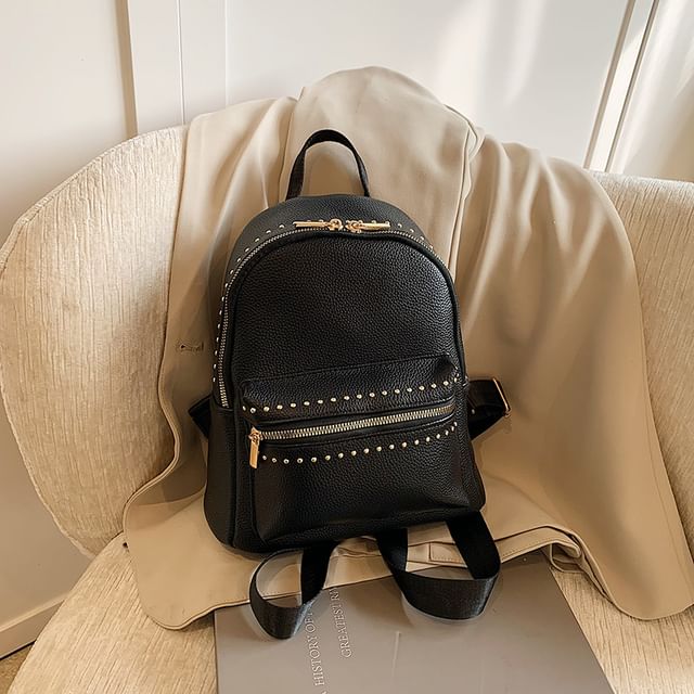 Plain Backpack Faux Leather Studded