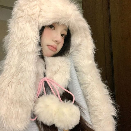 Hat Rabbit Ear Trapper Pom