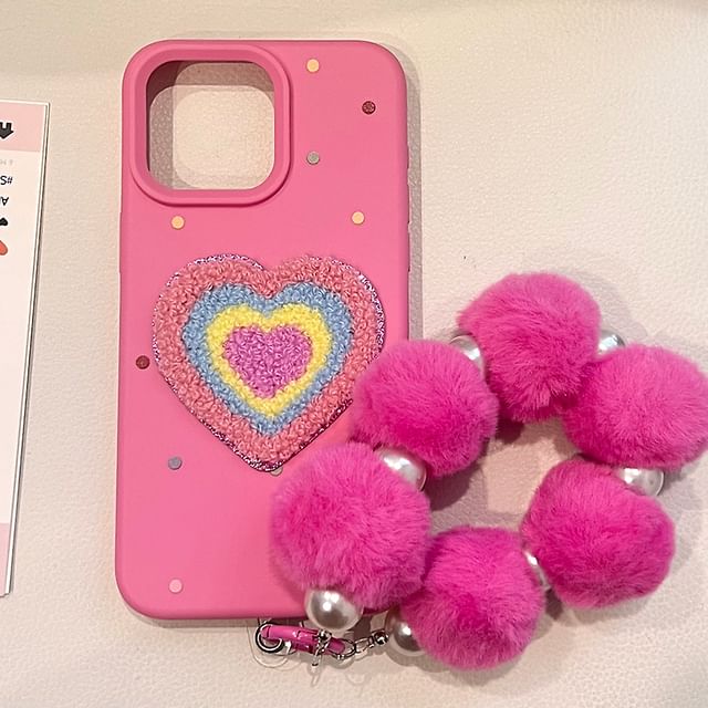 / Case Embroidered Phone Heart Set Pom Strap