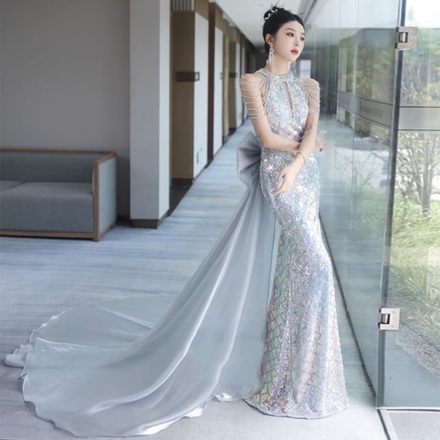 Strappy Back Gown Bow Halter Evening Mermaid Sequin